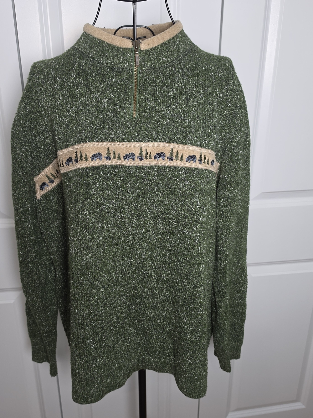 Woolrich 2XL Green Bear Pine Tree Quarter Zip Sweater Cabincore